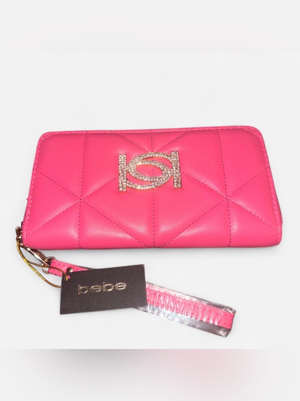 Bebe Quilted Hot Pink Wristlet Wallet with Crystal Logo Accent